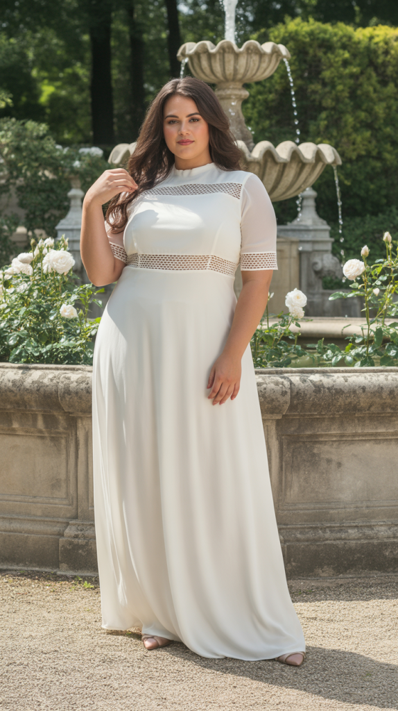 Plus Size Wedding White Mock Neck Contrast Lace Maxi Dress
