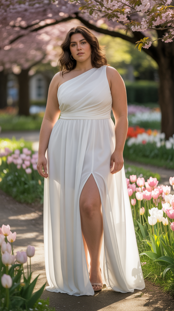 Plus Size Wedding White One Shoulder Split Chiffon Maxi Dress