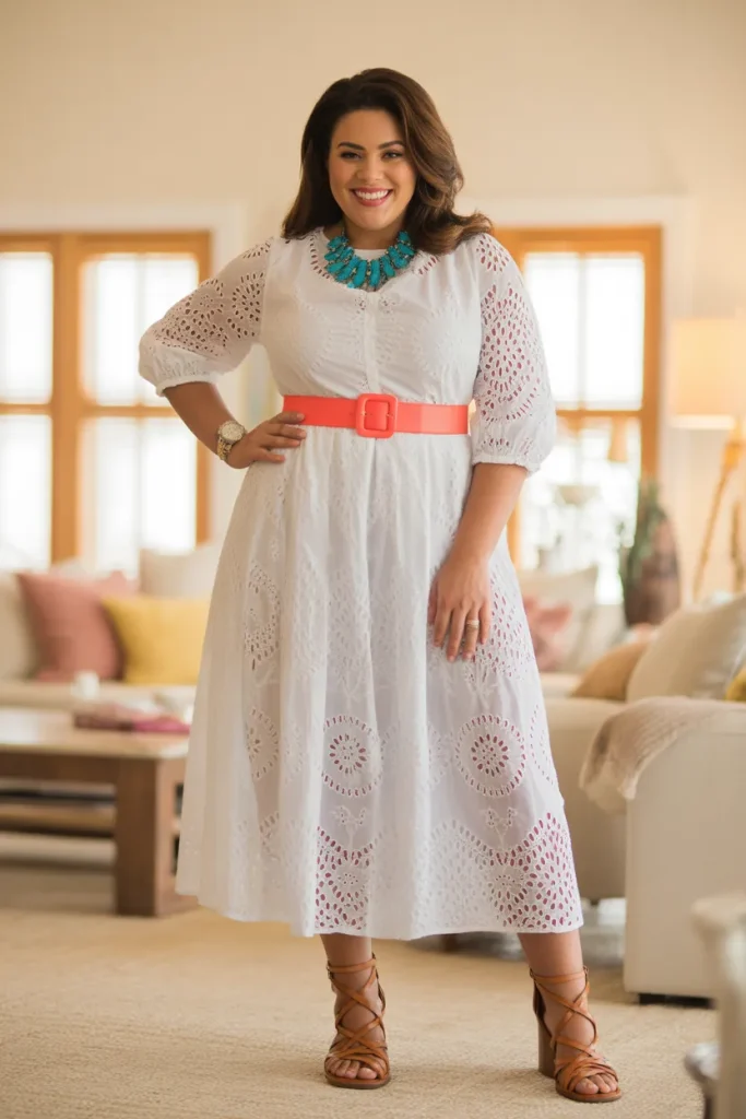 Plus Size White Eyelet Midi Dress With Colorful Accessories Outfit