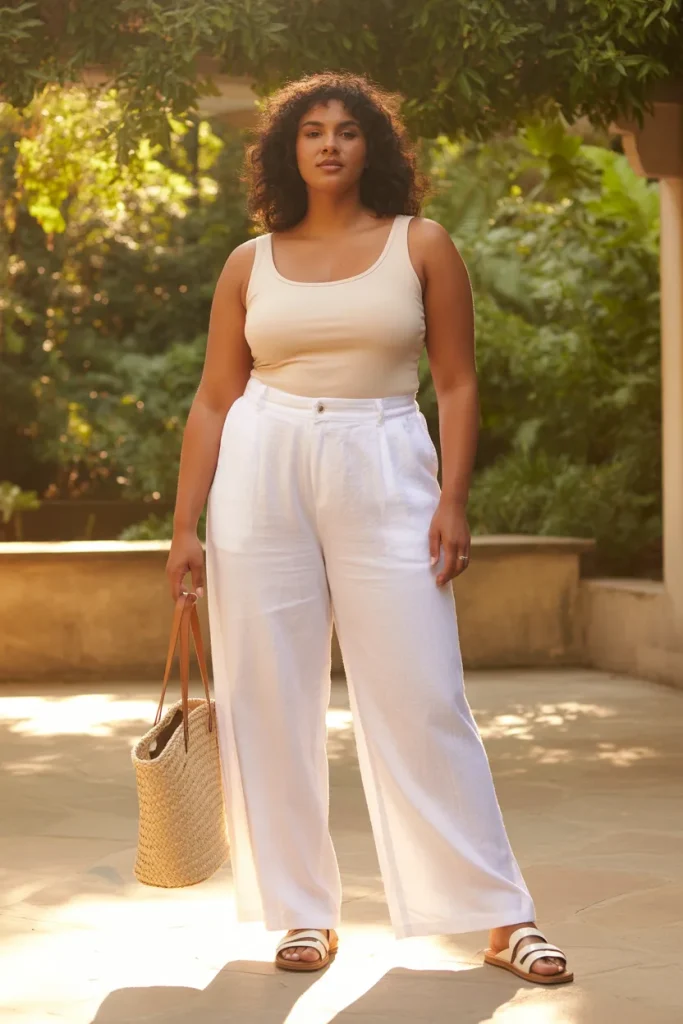 Plus Size White Linen Wide Leg Pants Paired With Simple Tank Top