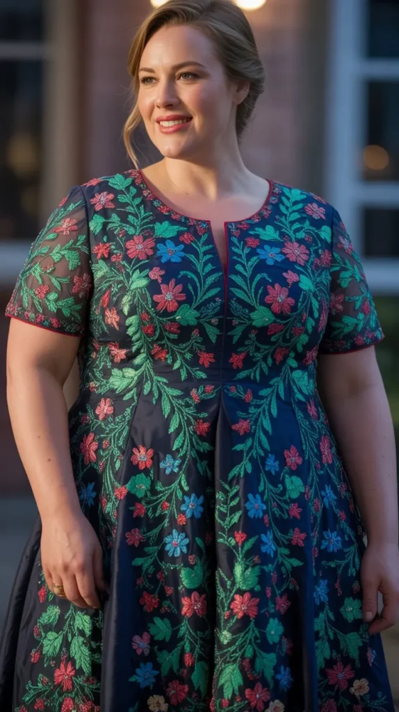 Plus Size Women's Embroidery Evening Dresses with Short Sleeve
