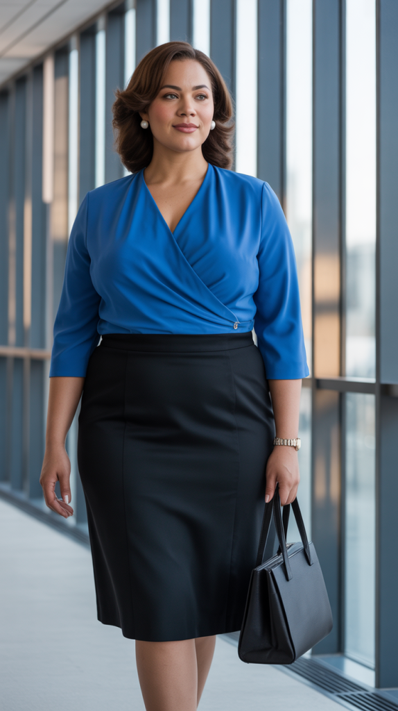Plus Size Wrap Front Top with Straight Skirt Outfit