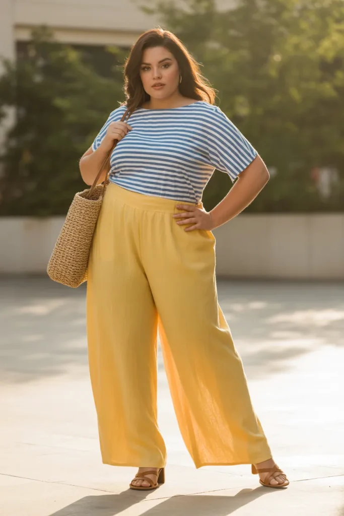 Plus Size Yellow Linen Pants With Striped Boatneck Outfit
