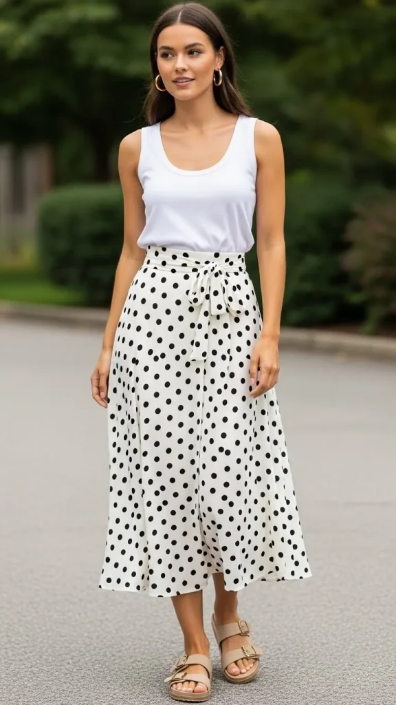 Polka Dot Midi Skirt With Tank Top