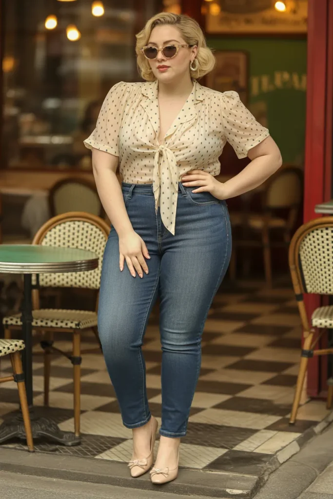Polka Dot Tie Front Blouse High Rise Skinny Jeans Retro Outfit