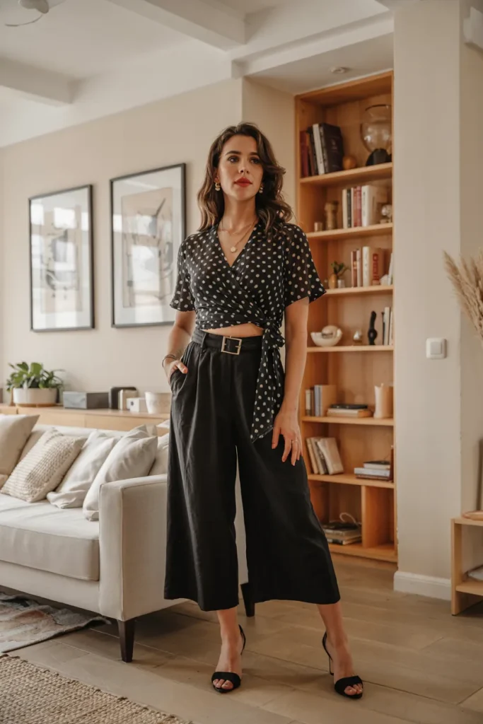 Polka Dot Wrap Top and Black Culottes
