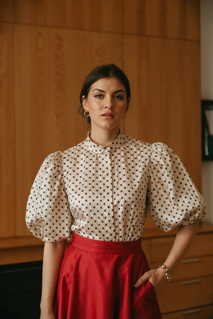 Puff Sleeve Polka Dot Blouse and Red Skirt
