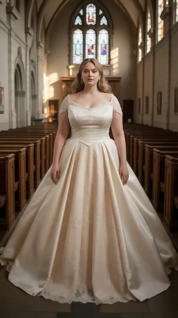 Queen Anne Neckline with Detachable Overskirt Wedding Dress