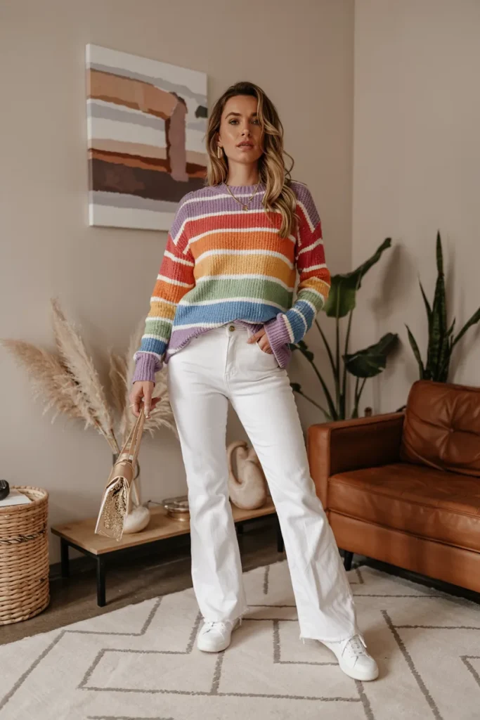 Rainbow Stripe Sweater and White Kick Flare Jeans