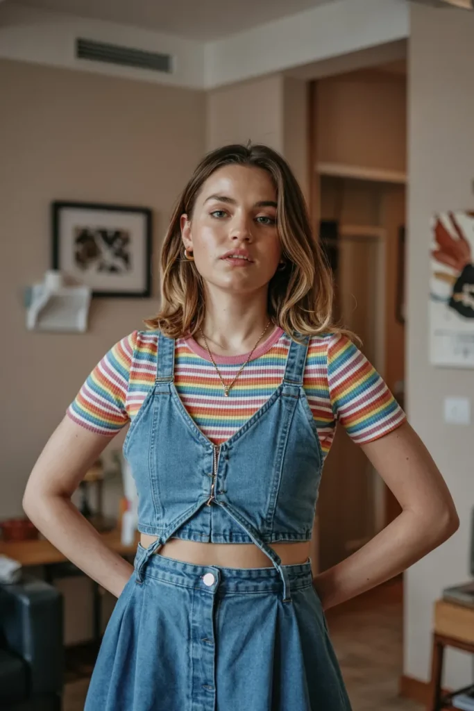Rainbow Striped Crop Top and Denim Dress
