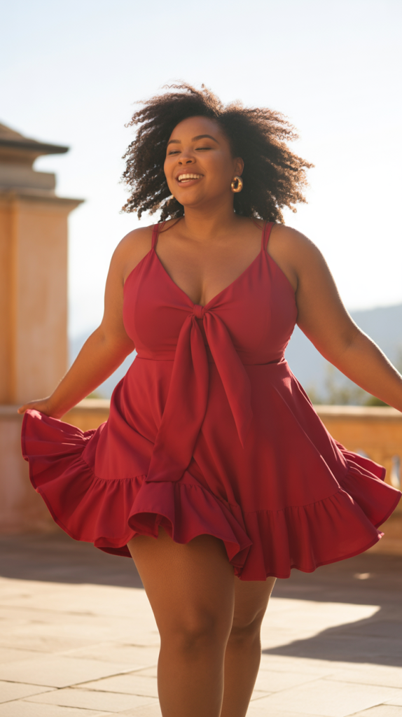 Ravishing Ruffle Red Valentines Flare Bow Tie Mini Dress