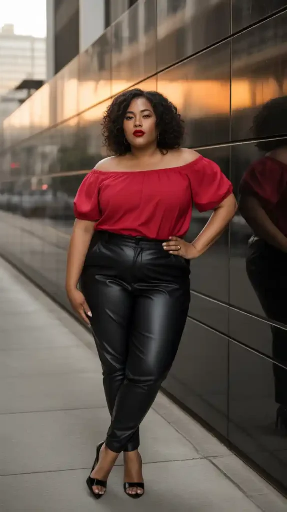 Red Off Shoulder Top with Black Faux Leather Pants