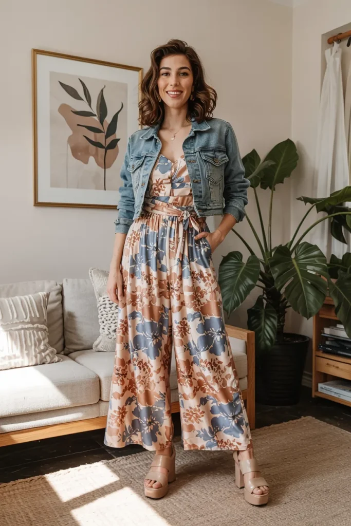 Retro 70s Chic Floral Wide Leg Jumpsuit and Denim Jacket Spring Look