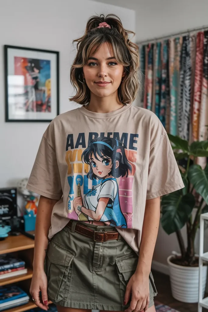 Retro Anime Graphic Tee and Cargo Skirt