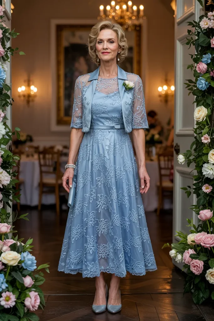 Retro Inspired Powder Blue Lace Tea Length Mother of the Bride Dress with Bolero