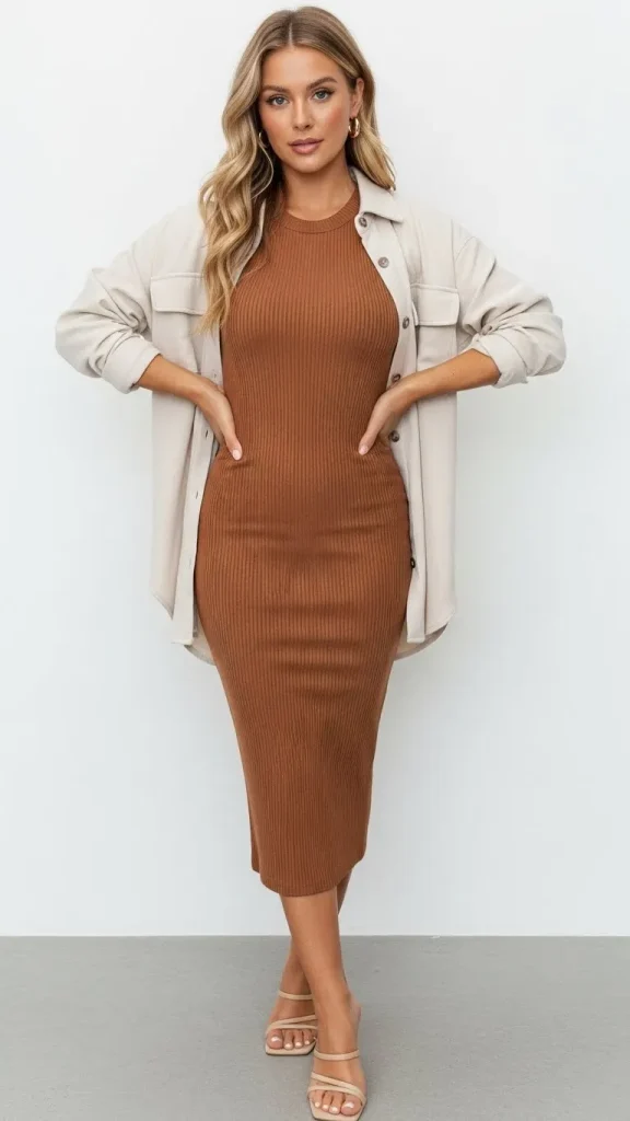 Ribbed Bodycon Dress With Overshirt