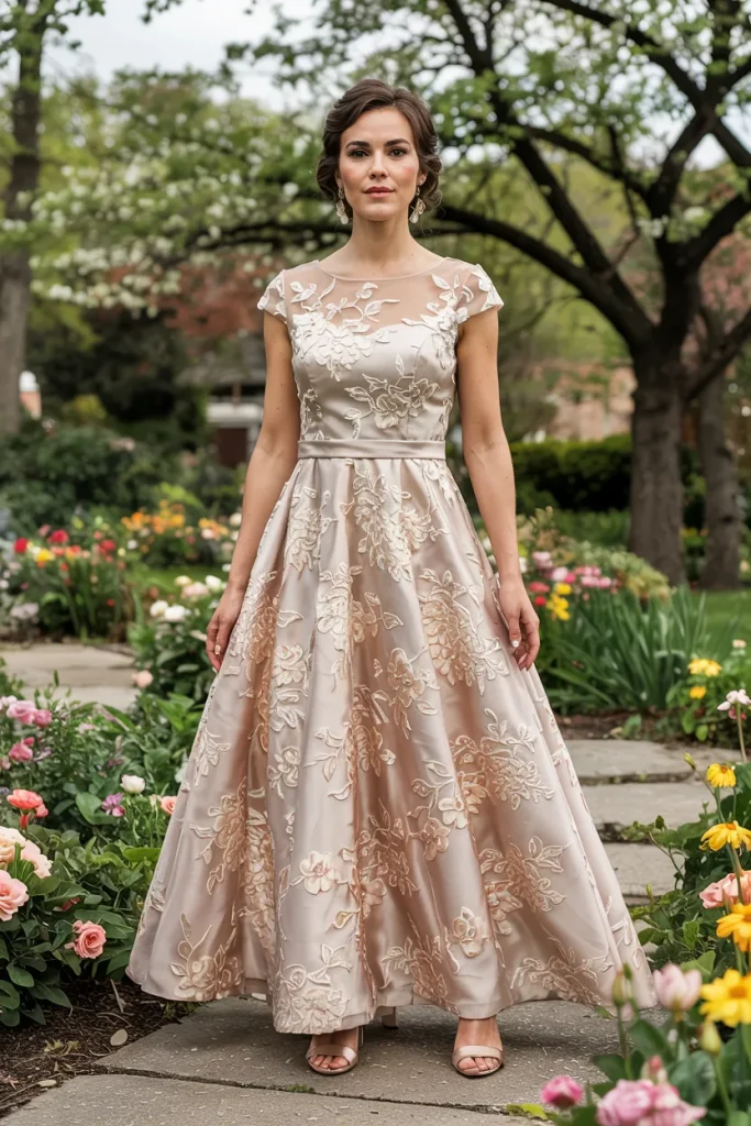 Romantic Blush Floral Applique Illusion Cap Sleeve Mother of the Bride A line Dress
