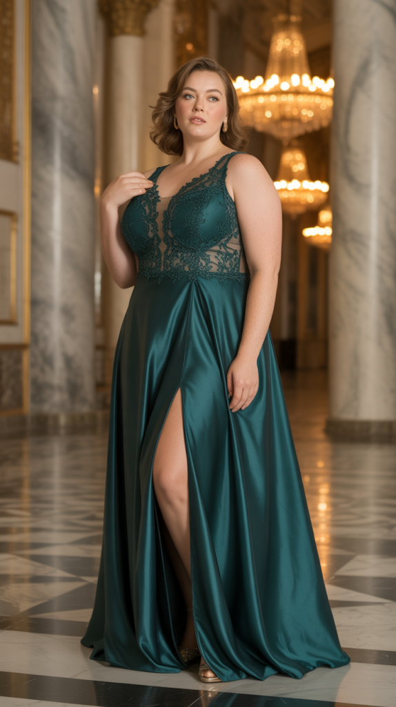 Royal Emerald Green Split Lace Satin Maxi Dress