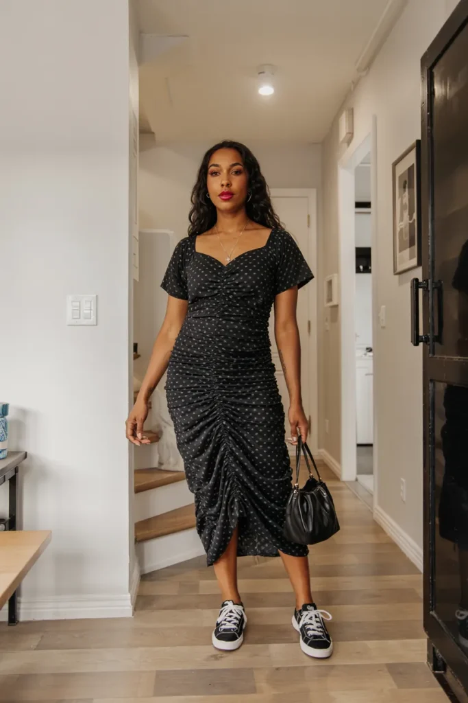 Ruched Polka Dot Dress with Sneakers 1