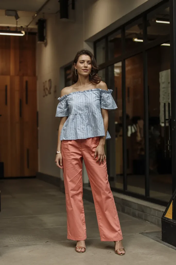Ruffled Off the Shoulder Top and Coral Chinos