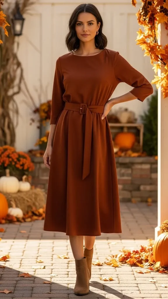 Rust Midi Dress with Belted Waist
