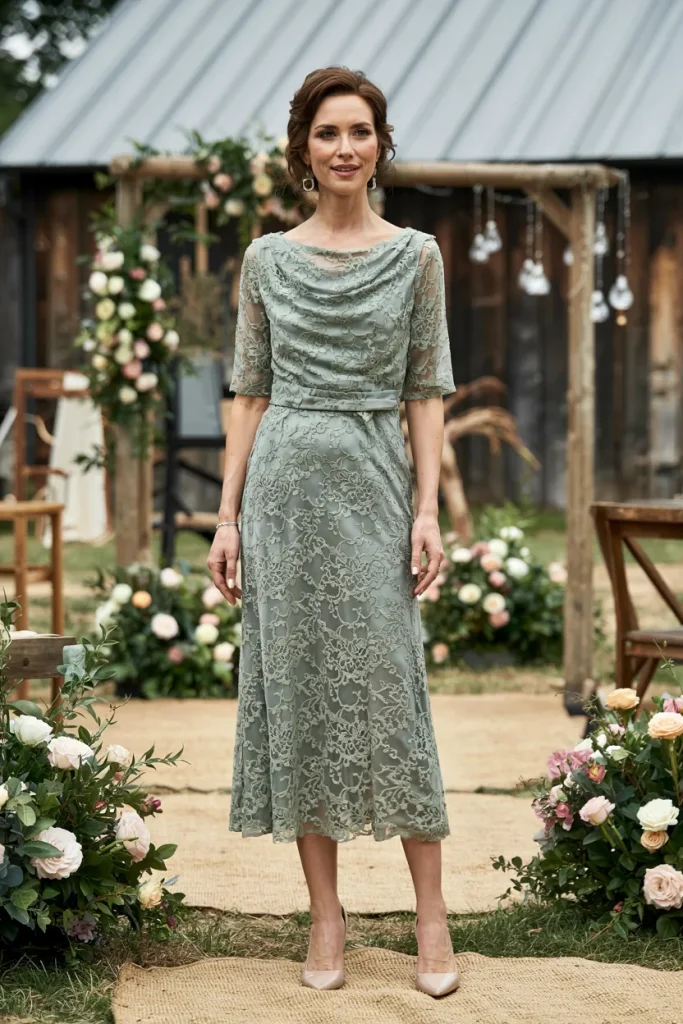 Rustic Chic Sage Green Lace Midi Mother of the Bride Dress with Cowl Neck