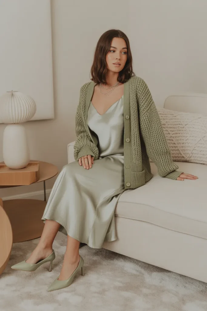 Sage Green Satin Slip Dress and Chunky Knit Cardigan Aesthetic Spring Birthday Lounge Outfit