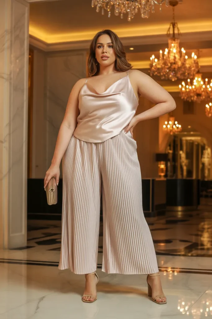Satin Cowl Neck Cami Pleated Culottes Spring Occasion Outfit