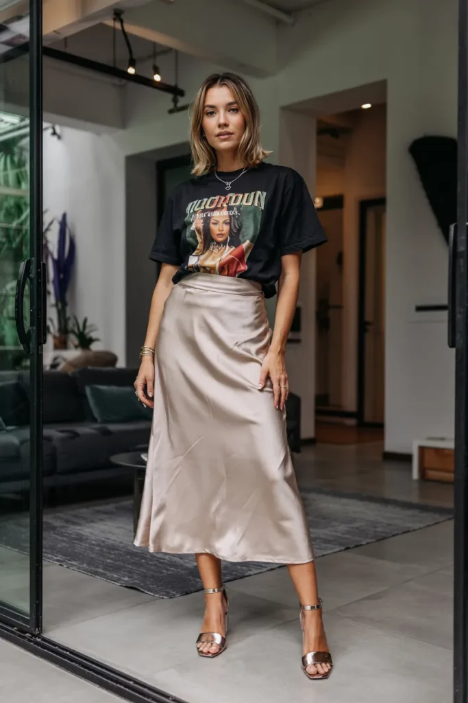 Satin Midi Skirt and Graphic Tee 1