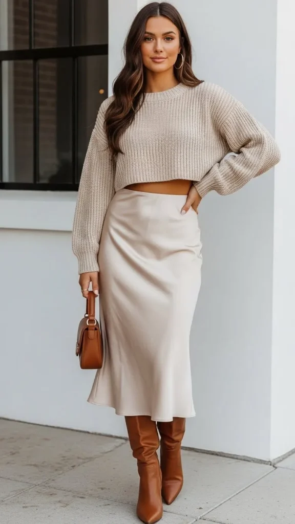 Satin Midi Skirt with Cropped Sweater