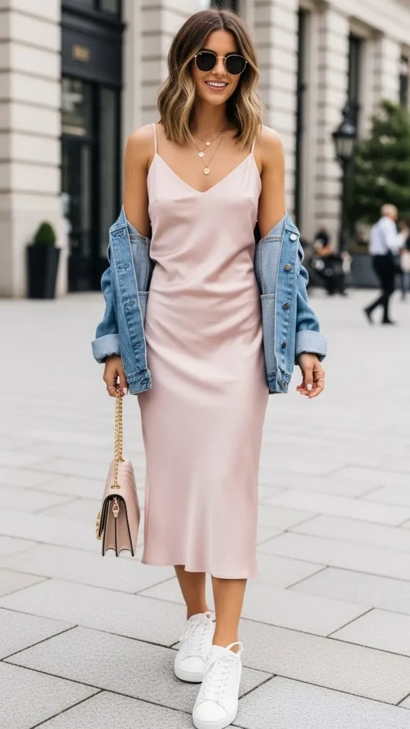 Satin Slip Dress With Sneakers