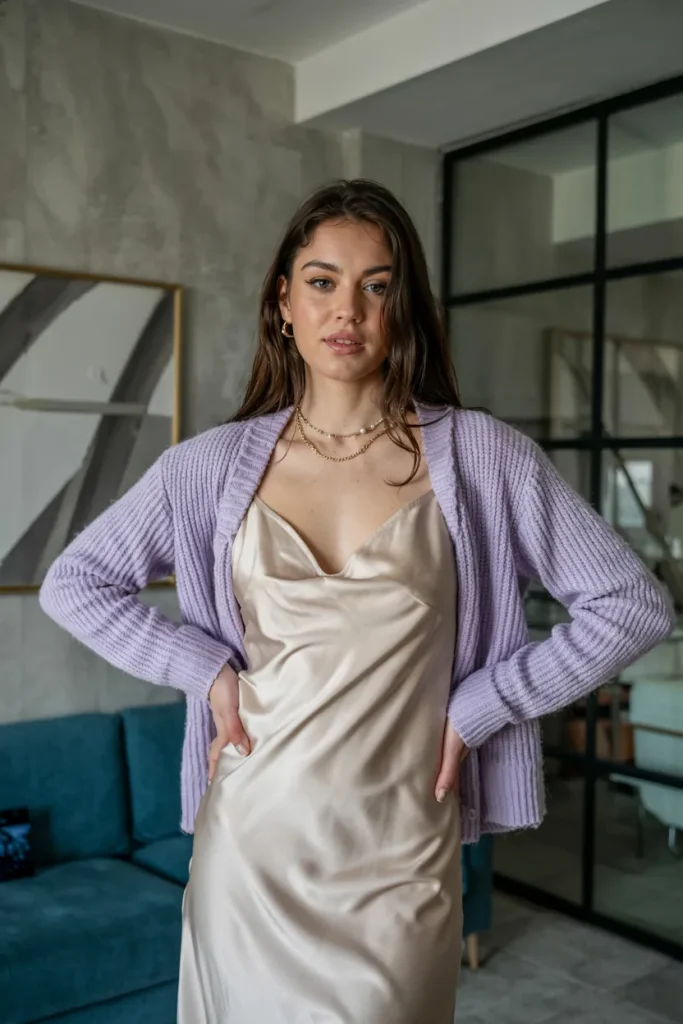 Satin Slip Dress and Fuzzy Cropped Cardigan