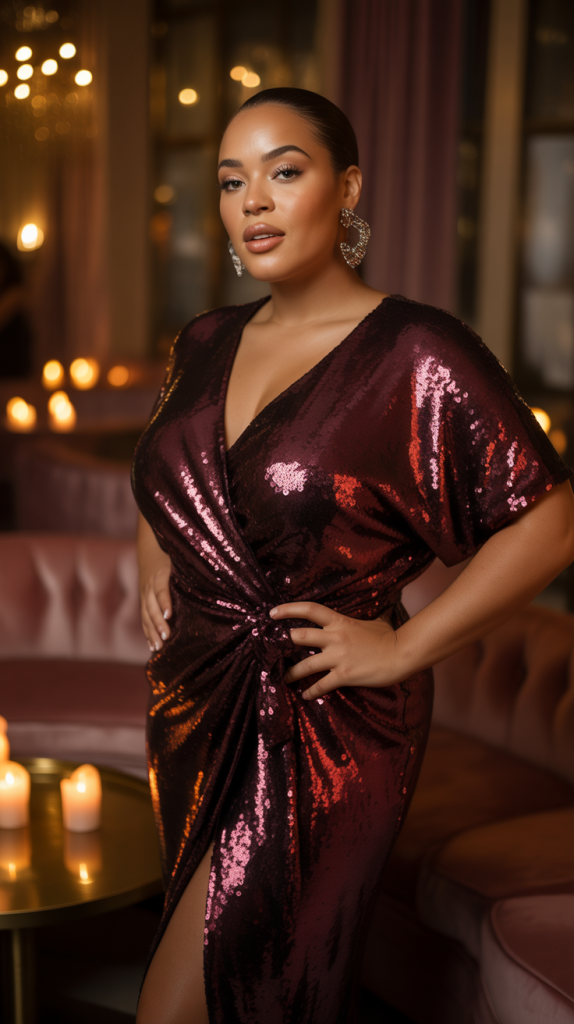 Sequin Burgundy Wrap Dress with Statement Earrings