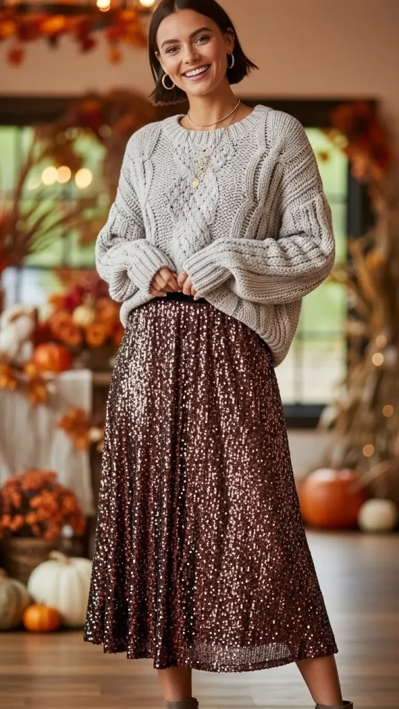 Sequined Midi Skirt with Knit Top