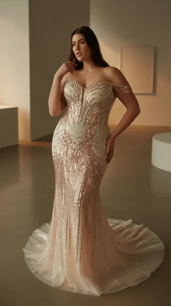 Sequined Ombre Mermaid Wedding Dress with Portrait Collar