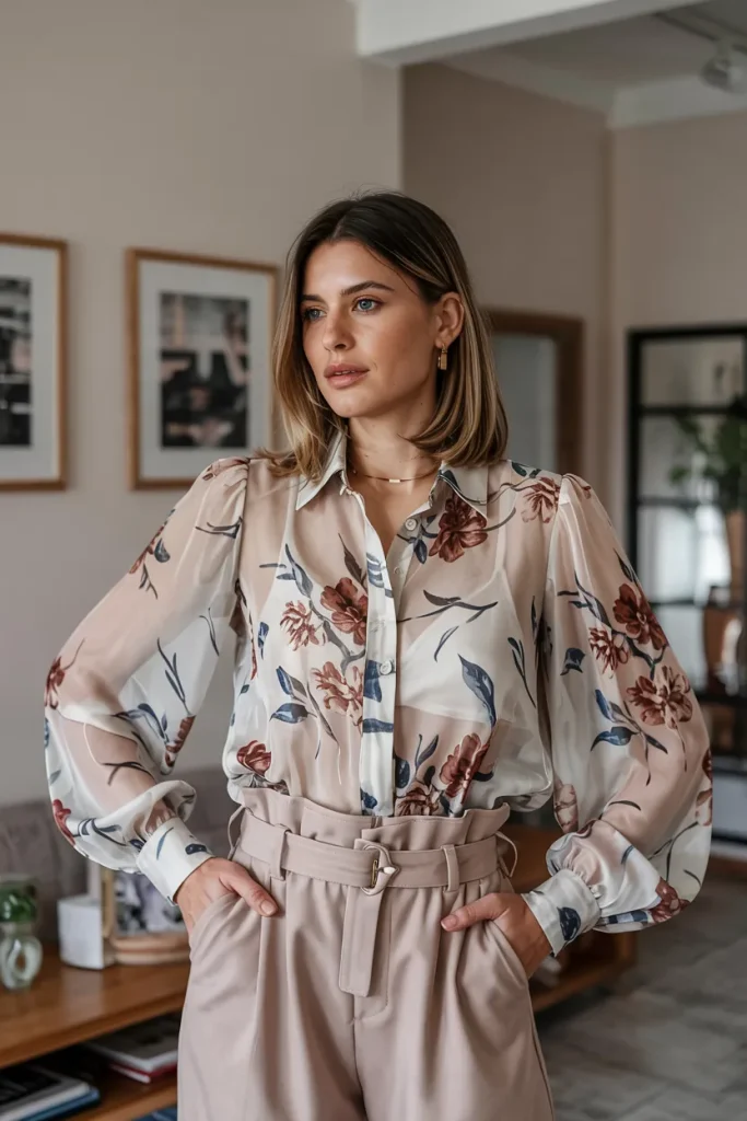 Sheer Floral Blouse and Paper Bag Waist Pants