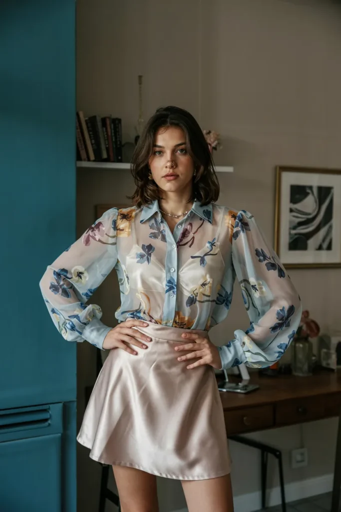 Sheer Floral Blouse and Satin Mini Skirt