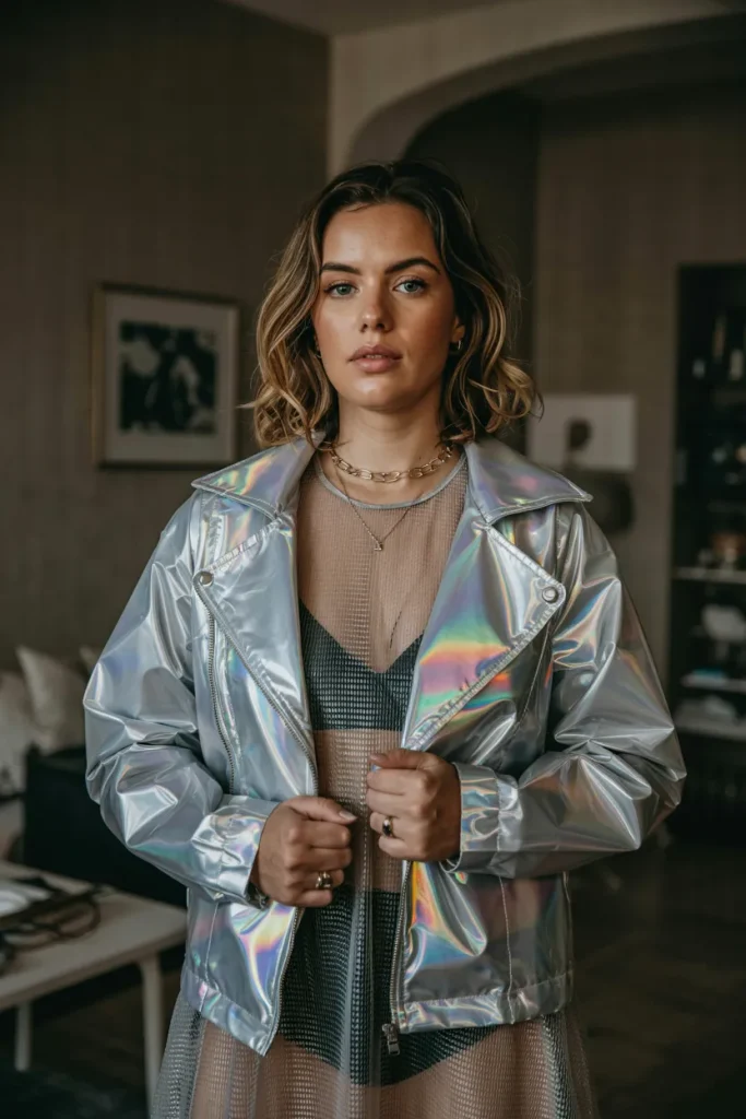 Sheer Mesh Dress and Holographic Moto Jacket