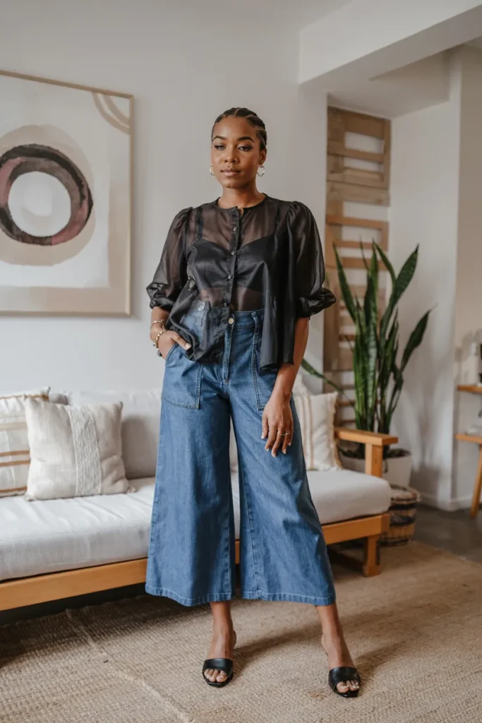 Sheer Peasant Top and High Waisted Denim Culottes