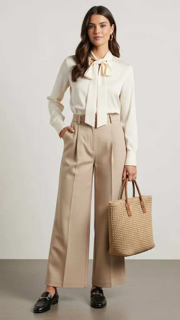 Silk Blouse with Wide Leg Trousers