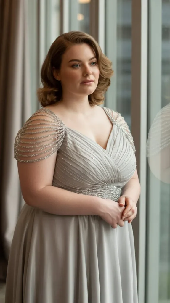 Silver Gown with Cap Sleeves for Timeless Grace