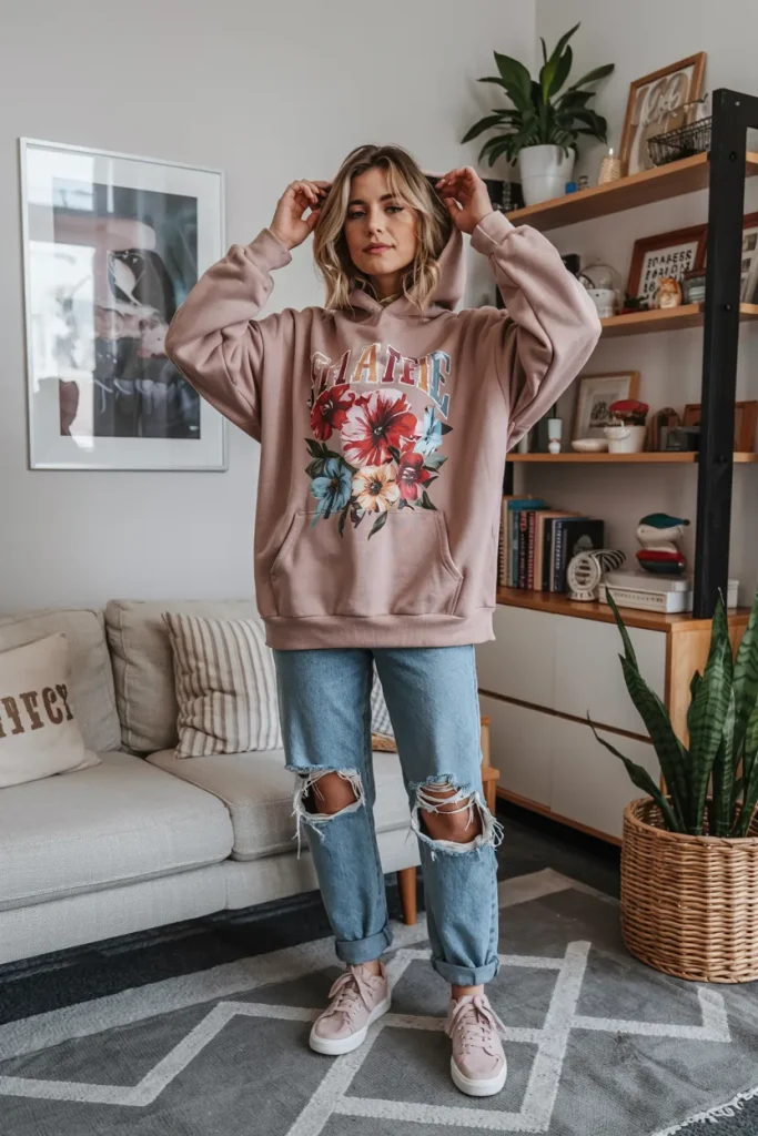 Skater Girl Oversized Floral Graphic Hoodie and Ripped Jeans Spring Casual