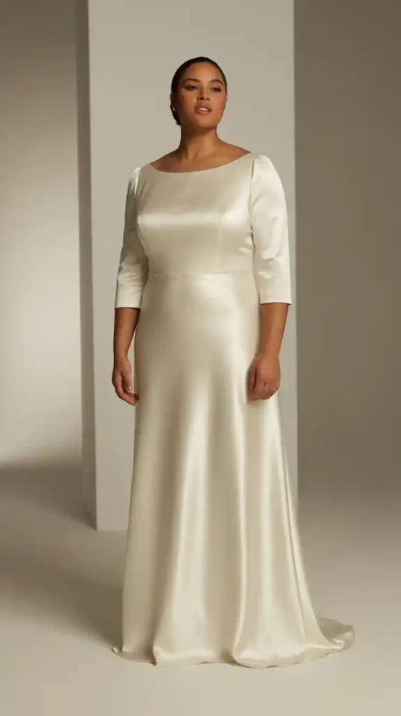 Sleek Bateau Neck Column with Three Quarter Sleeves Wedding Dress