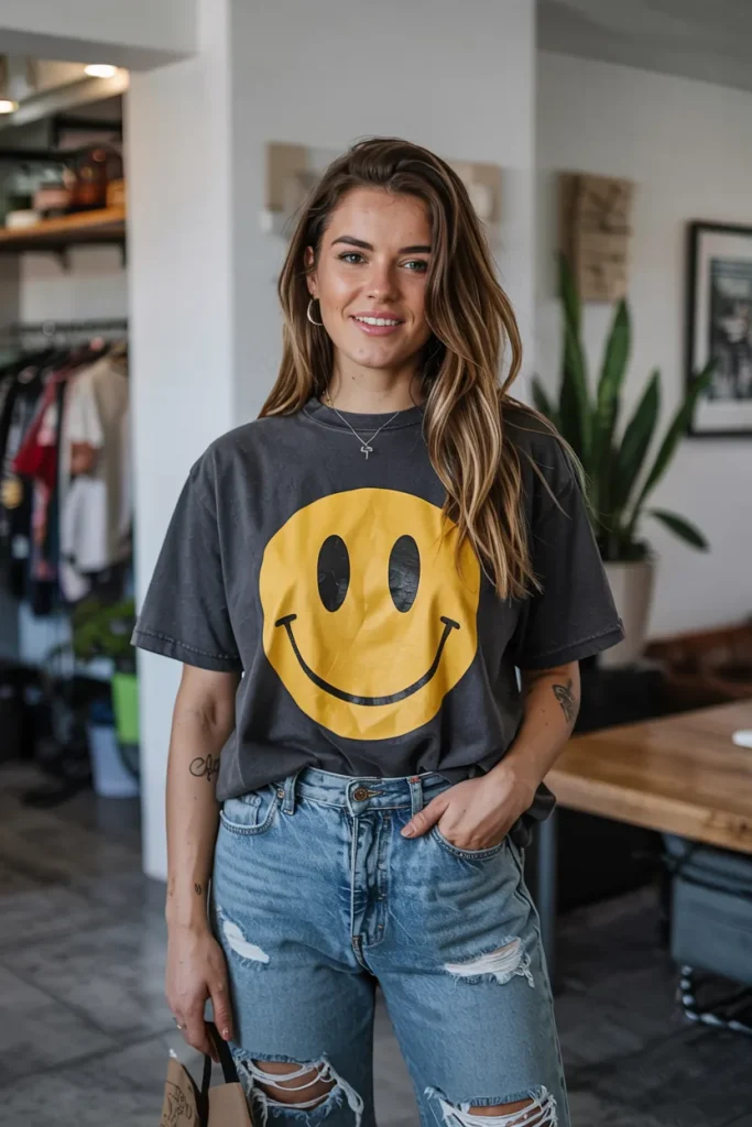 Smiley Face Graphic Tee and Ripped Boyfriend Jeans