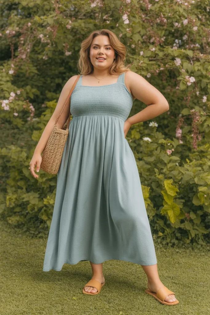 Smocked Bodice Midi Sundress Skirt Outfit