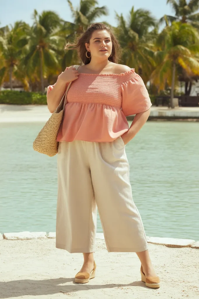 Smocked Off the Shoulder Top Wide Leg Crop Pants Vacation Outfit