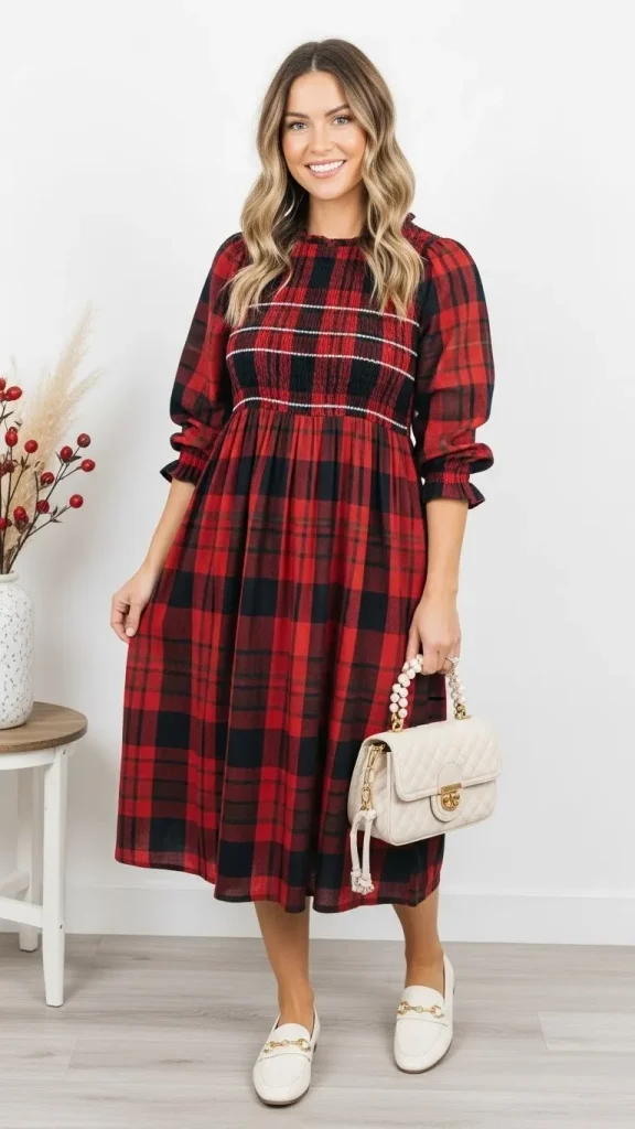 Smocked Tartan Dress with Loafers