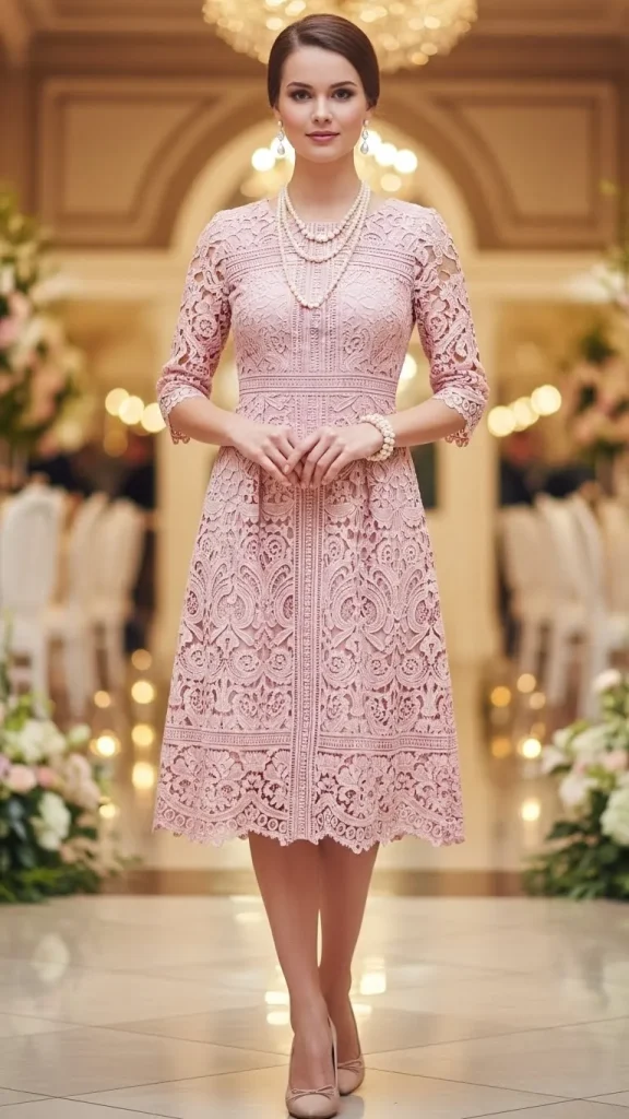 Soft Pink Lace Dress with Pearl Accessories