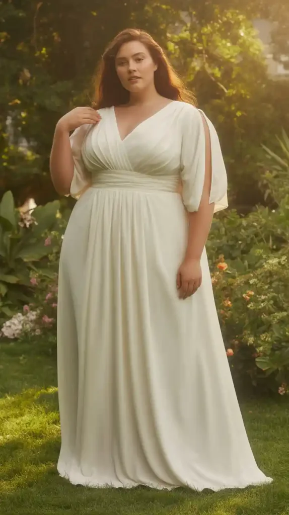 Split Sleeve Grecian Drape Empire Waist Wedding Dress 1