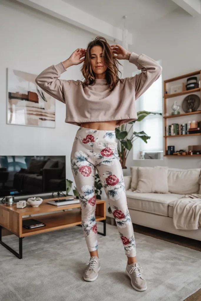 Sporty Athleisure Cropped Sweatshirt and Floral Leggings Spring Outfit